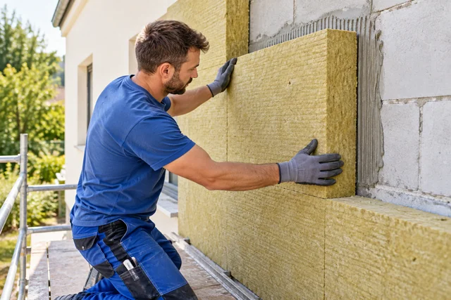 Symbolbild: Handwerker bringt Mineralwolle zur Dämmung einer Fassade an
