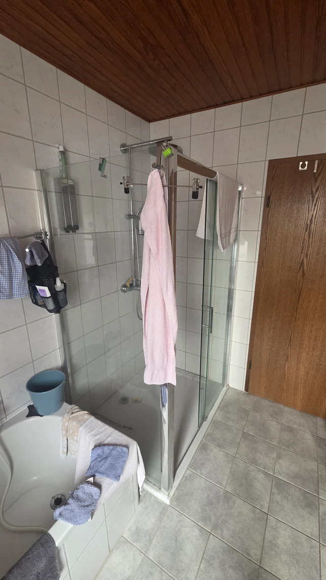 Alte Duschkabine mit erhöhter Duschwanne neben der Badewanne